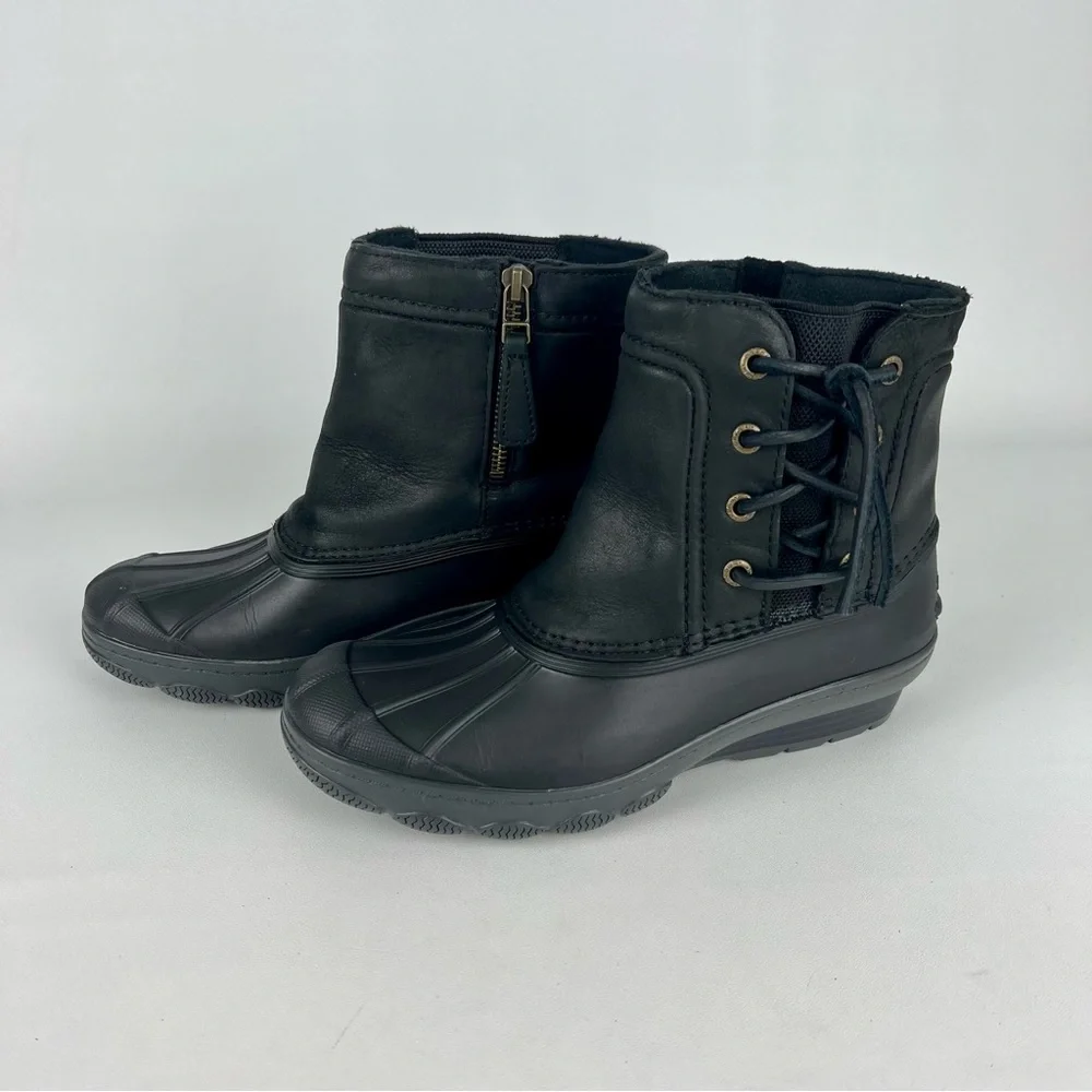Sperry Saltwater Wedge Black Quarter Duck Boots 6